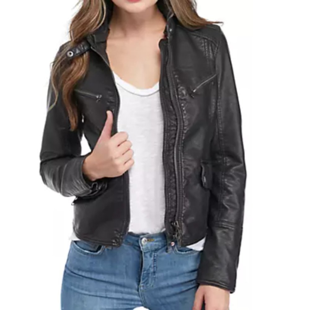 Free People Hooded Faux-Leather Moto Black Jacket